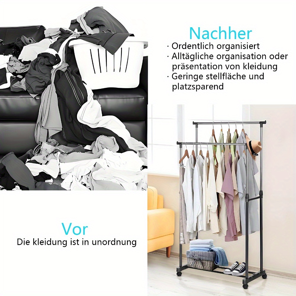 Cabide Móvel Resistente com Dupla Barra e Prateleira para Sapatos - Guarda-Roupa com Altura Ajustável e Rodas, PORTES GÁTIS