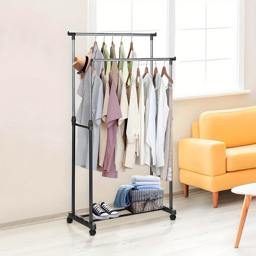 Cabide Móvel Resistente com Dupla Barra e Prateleira para Sapatos - Guarda-Roupa com Altura Ajustável e Rodas, PORTES GÁTIS