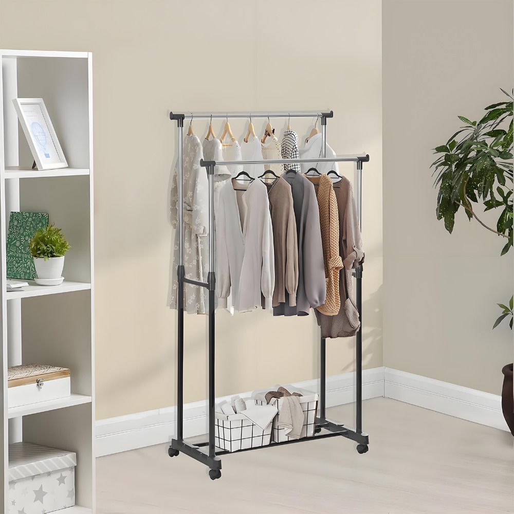 Cabide Móvel Resistente com Dupla Barra e Prateleira para Sapatos - Guarda-Roupa com Altura Ajustável e Rodas, PORTES GÁTIS