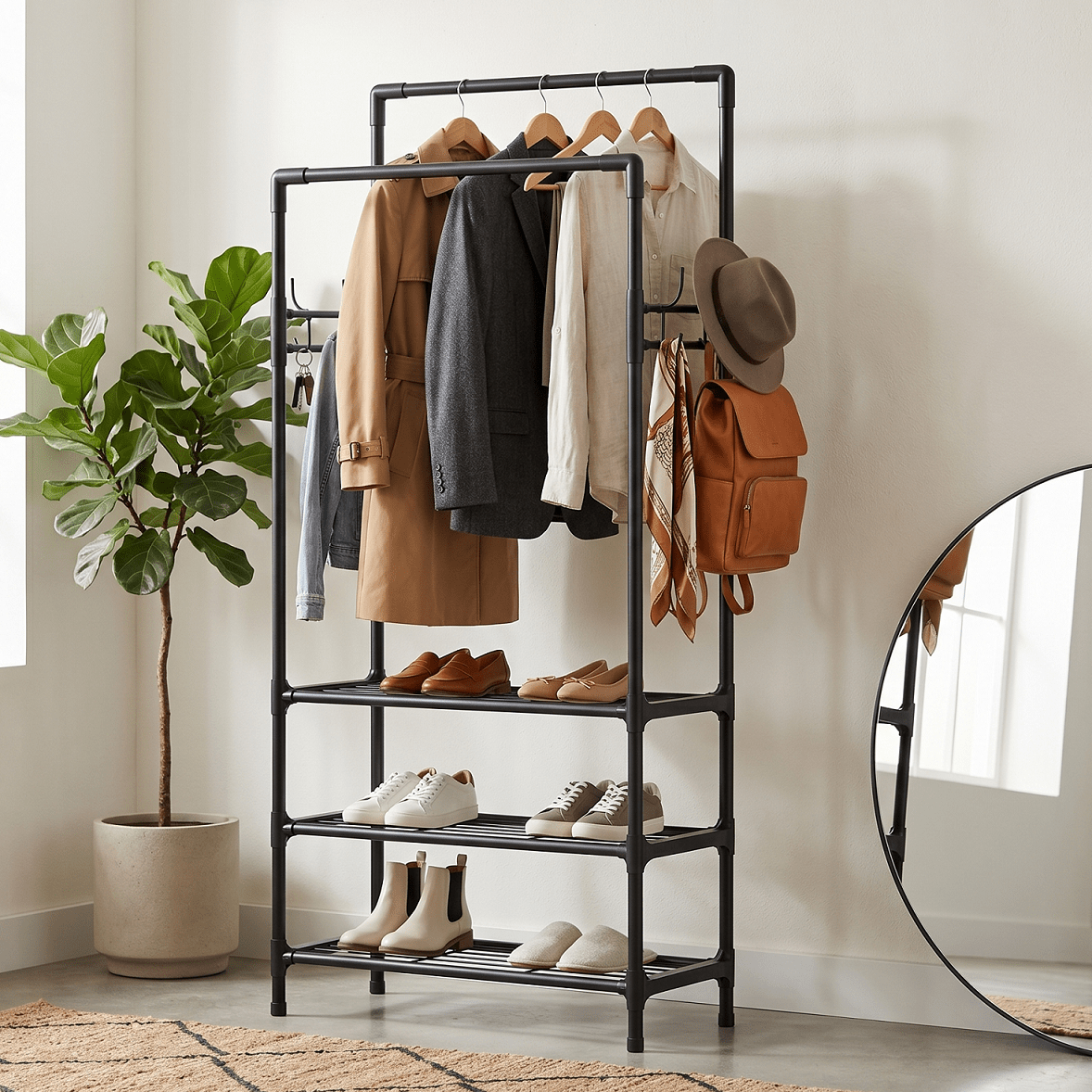 Cabide e Calçadeira Integrados, com Ganchos, Ideal para Armários Abertos e Roupeiros, Cabide Multifuncional, Organizador de Roupa e Calçado. - PORTES GRÁTIS
