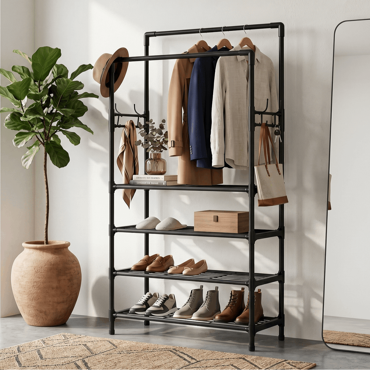 Cabide e Calçadeira Integrados, com Ganchos, Ideal para Armários Abertos e Roupeiros, Cabide Multifuncional, Organizador de Roupa e Calçado. - PORTES GRÁTIS