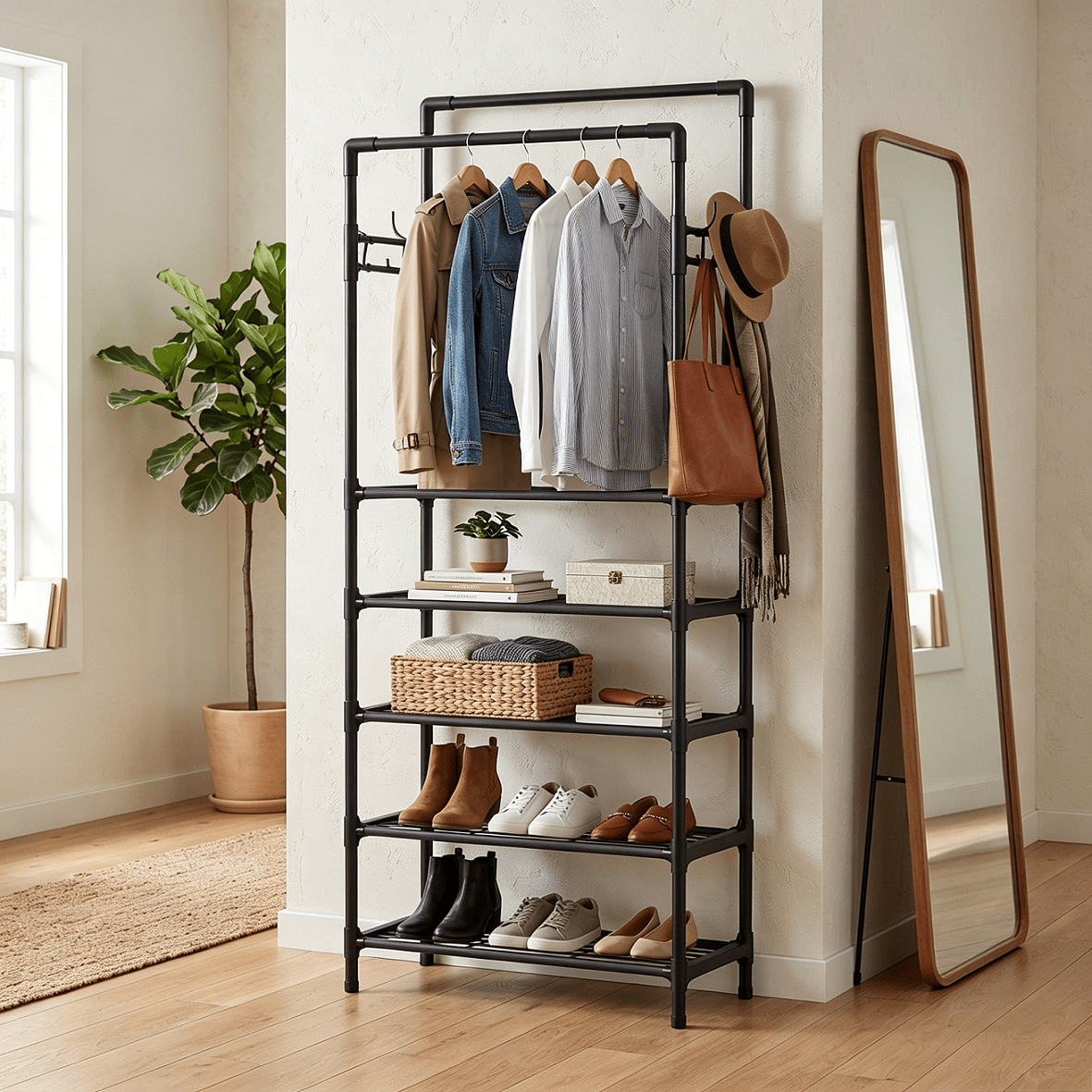 Cabide e Calçadeira Integrados, com Ganchos, Ideal para Armários Abertos e Roupeiros, Cabide Multifuncional, Organizador de Roupa e Calçado. - PORTES GRÁTIS