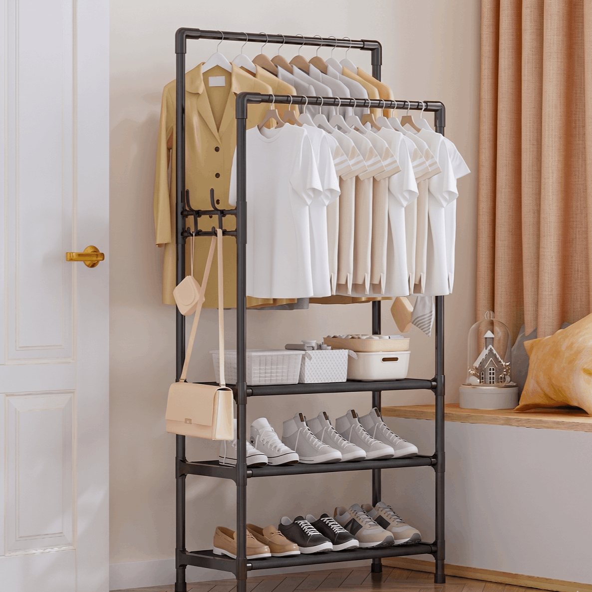 Cabide e Calçadeira Integrados, com Ganchos, Ideal para Armários Abertos e Roupeiros, Cabide Multifuncional, Organizador de Roupa e Calçado. - PORTES GRÁTIS