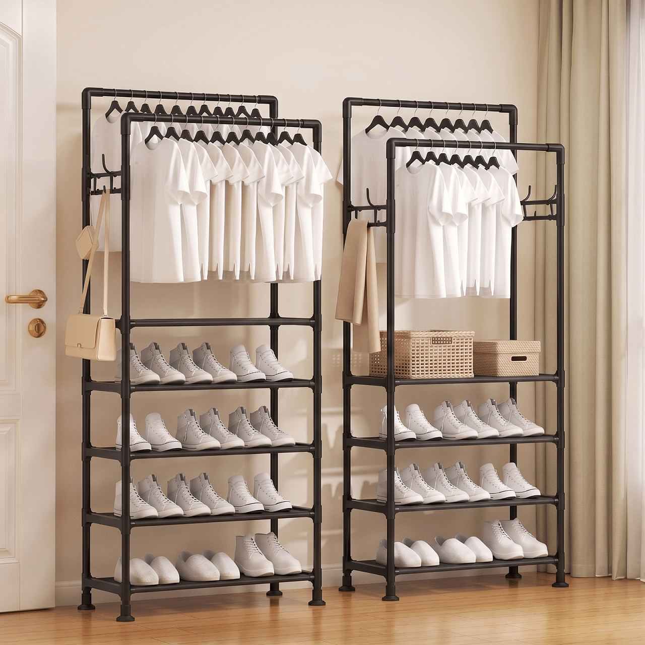 Cabide e Calçadeira Integrados, com Ganchos, Ideal para Armários Abertos e Roupeiros, Cabide Multifuncional, Organizador de Roupa e Calçado. - PORTES GRÁTIS