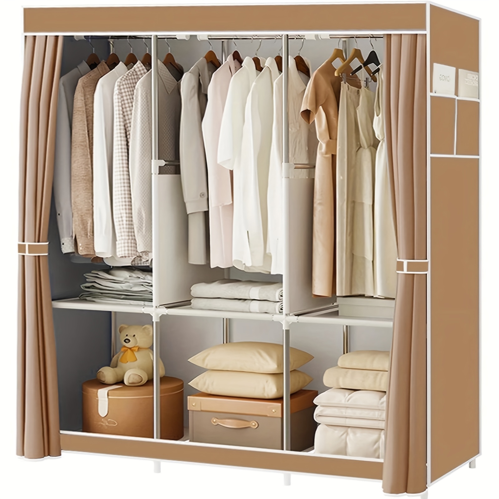 Guarda-roupa Castanho, portátil com 3 varas de pendurar, 6 prateleiras e bolsos laterais (para armazenamento e organização de roupas), rack de guarda-roupa com alça, organizador para quarto