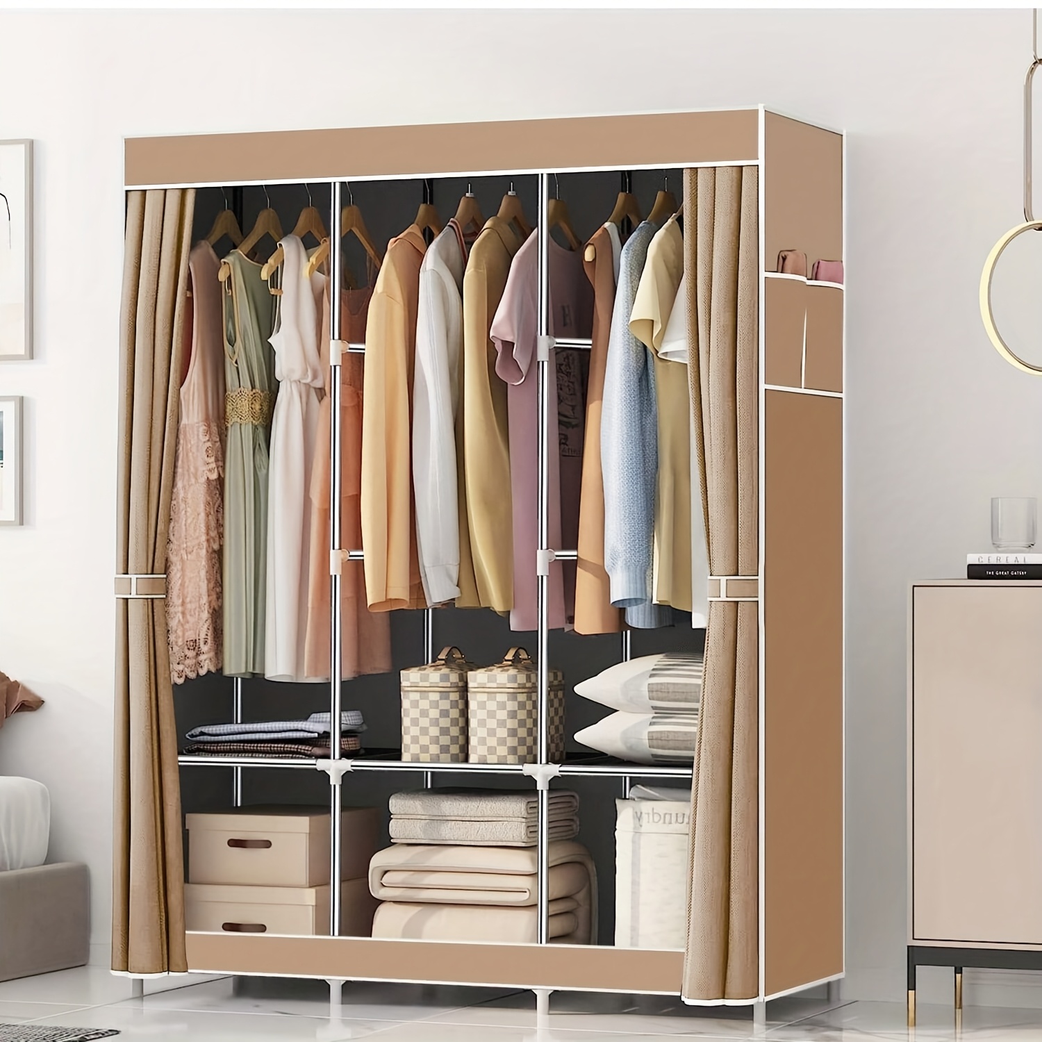 Guarda-roupa Castanho, portátil com 3 varas de pendurar, 6 prateleiras e bolsos laterais (para armazenamento e organização de roupas), rack de guarda-roupa com alça, organizador para quarto