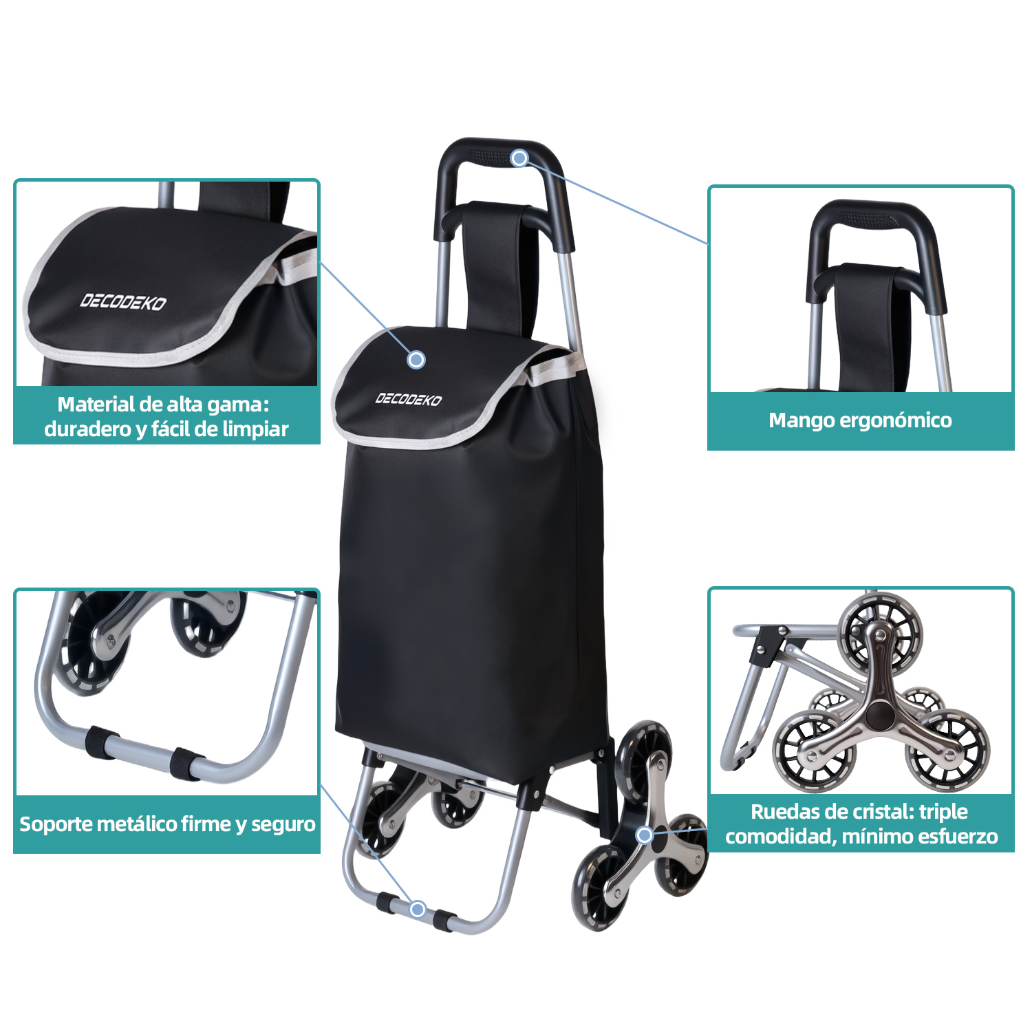 Carrinho de Compras Dobrável de Alumínio, Carrinho de Compras Colapsível com Bolsa de Tecido Oxford, Bolsa de Compras Removível com Rodas, Carrinho de Compras de 6 Rodas com Bolsa...