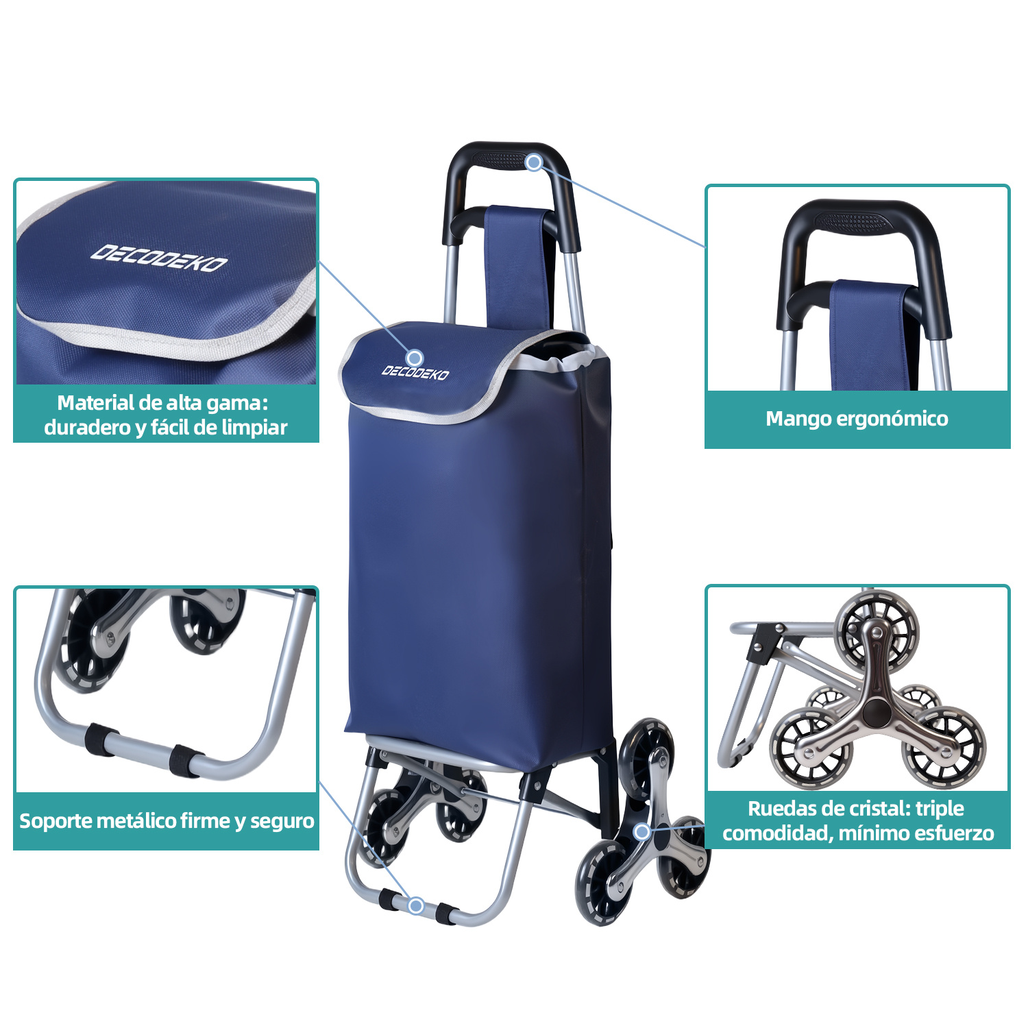 Carrinho de Compras Dobrável de Alumínio, Carrinho de Compras Colapsível com Bolsa de Tecido Oxford, Bolsa de Compras Removível com Rodas, Carrinho de Compras de 6 Rodas com Bolsa...