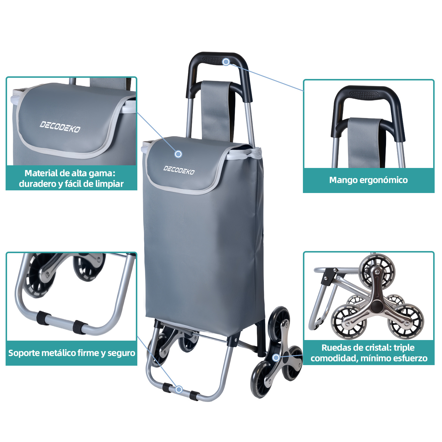 Carrinho de Compras Dobrável de Alumínio, Carrinho de Compras Colapsível com Bolsa de Tecido Oxford, Bolsa de Compras Removível com Rodas, Carrinho de Compras de 6 Rodas com Bolsa...