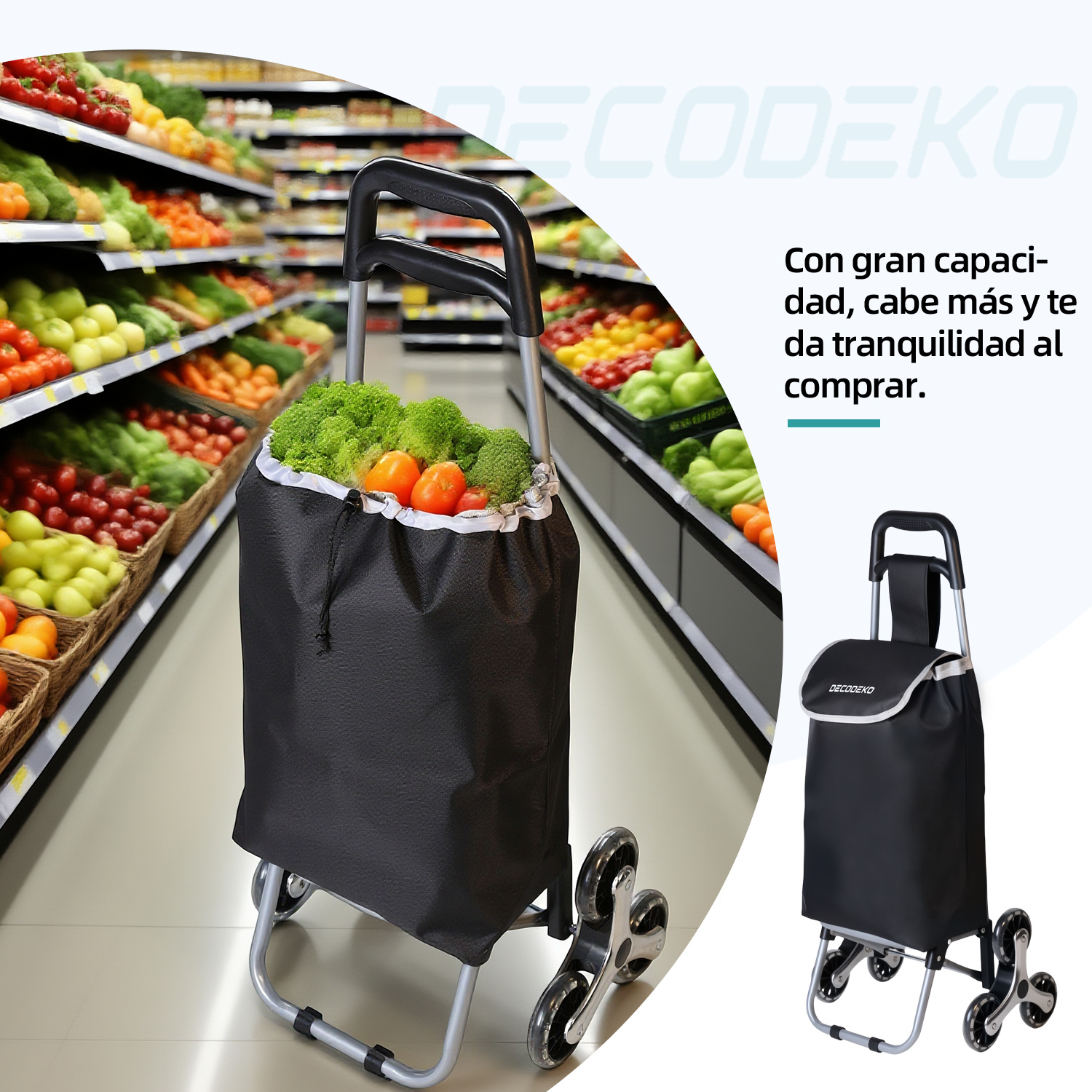 Carrinho de Compras Dobrável de Alumínio, Retrátil, Bolsa de Tecido Oxford, Sacola de Compras Removível,  com 6 Rodas. PORTES GRÁTIS.
