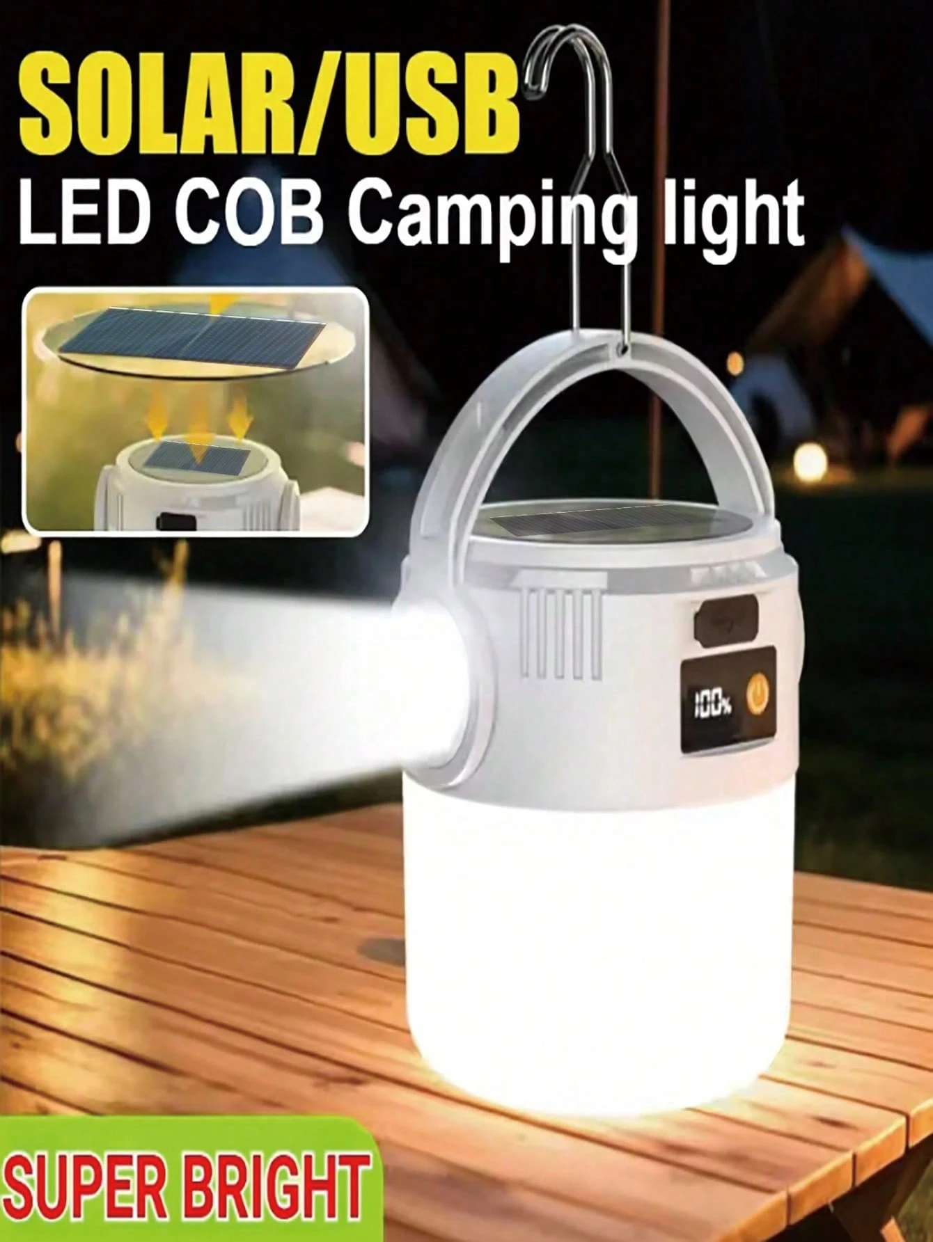 Lanterna solar recarregável com 1/2/4 baterias 18650 de 800mAh, com fonte de luz dupla, portátil, com LED COB, porta USB, carregamento solar e à prova dágua, ideal para campi...