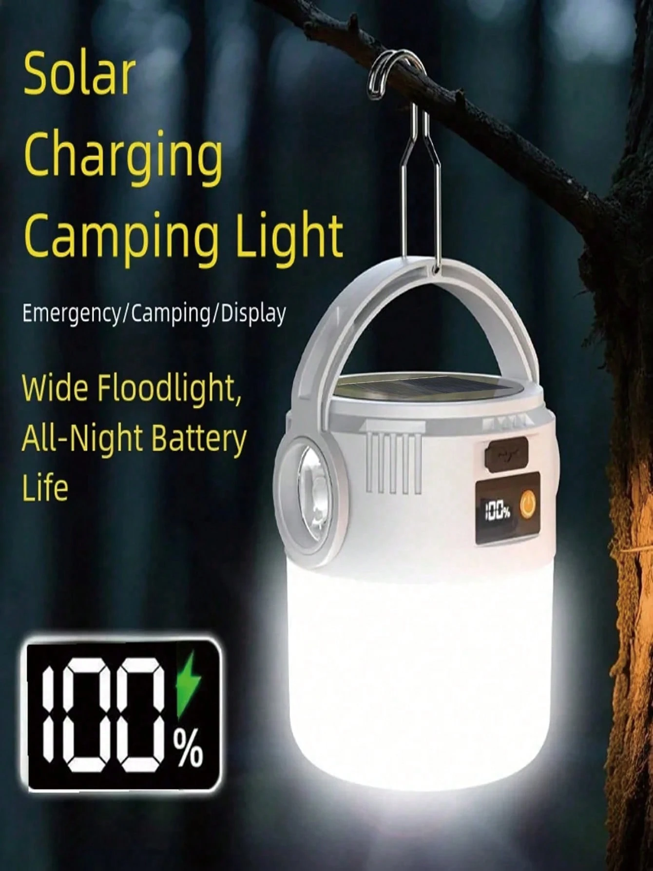Lanterna solar recarregável com 1/2/4 baterias 18650 de 800mAh, com fonte de luz dupla, portátil, com LED COB, porta USB, carregamento solar e à prova dágua, ideal para campi...