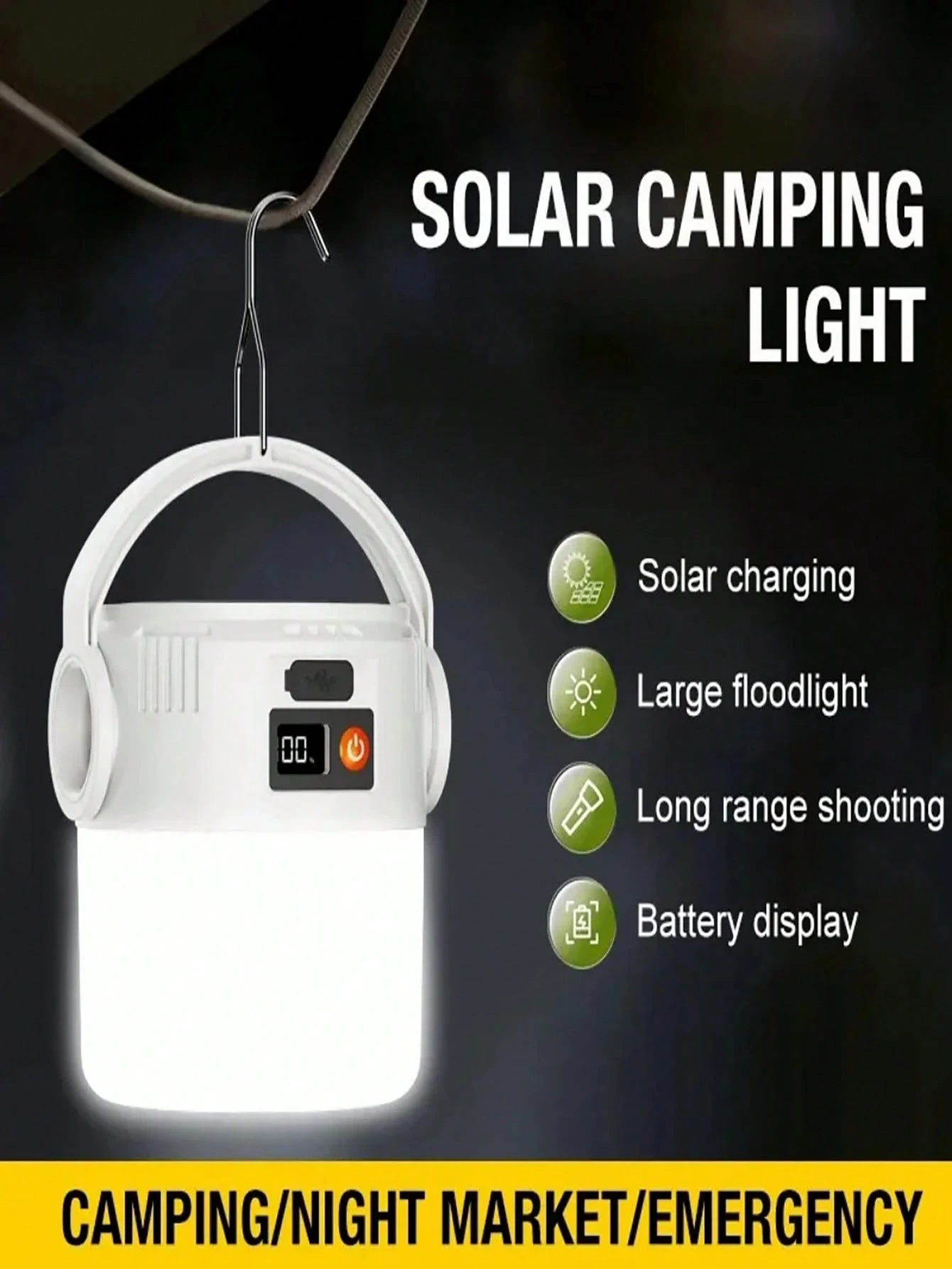 Lanterna solar recarregável com 1/2/4 baterias 18650 de 800mAh, com fonte de luz dupla, portátil, com LED COB, porta USB, carregamento solar e à prova dágua, ideal para campi...