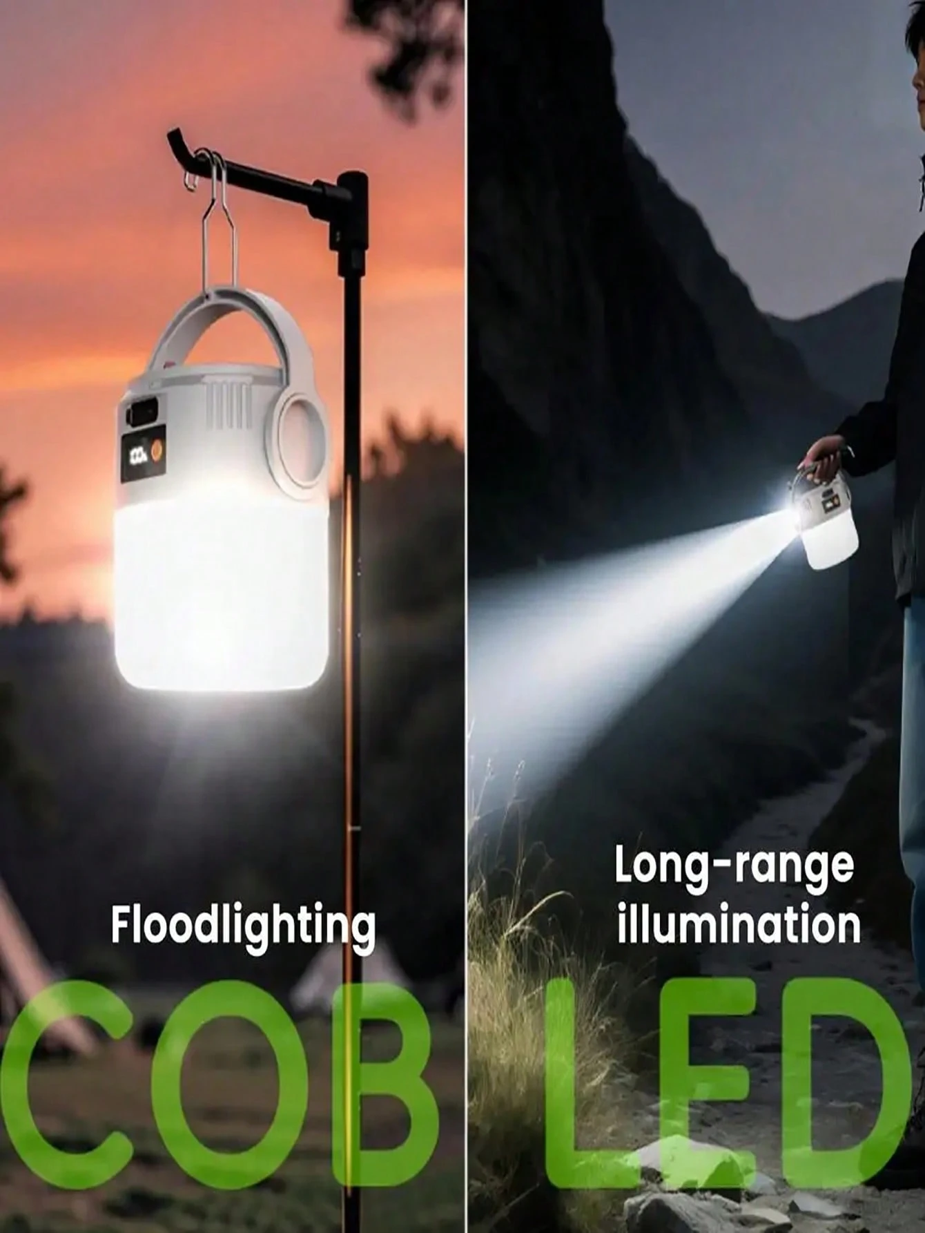 Lanterna solar recarregável com 1/2/4 baterias 18650 de 800mAh, com fonte de luz dupla, portátil, com LED COB, porta USB, carregamento solar e à prova dágua, ideal para campi...