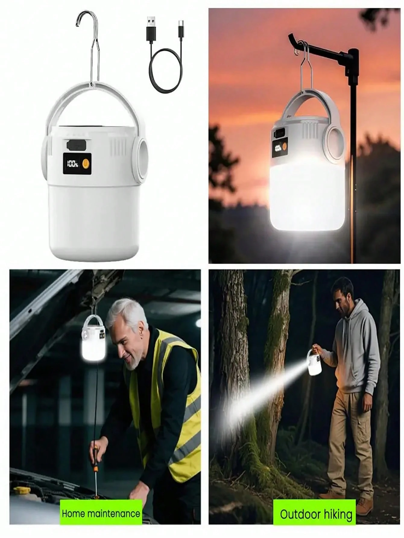 Lanterna solar recarregável com 1/2/4 baterias 18650 de 800mAh, com fonte de luz dupla, portátil, com LED COB, porta USB, carregamento solar e à prova dágua, ideal para campi...