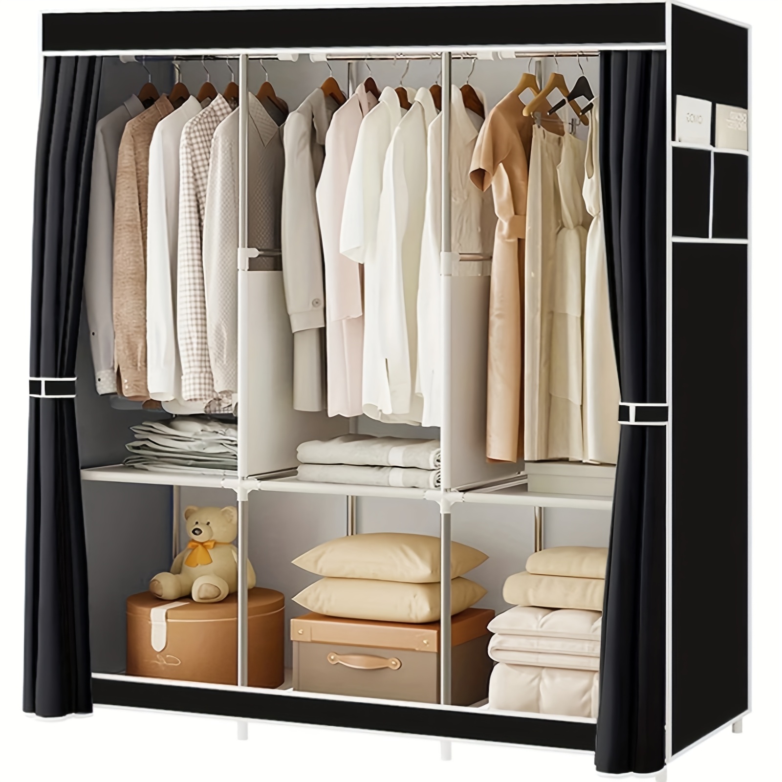 Guarda-roupa com 3 varas de pendurar, 6 prateleiras e bolsos laterais (para armazenamento e organização de roupas), rack de guarda-roupa com alça, organizador para quarto,  PORTES GRÁTIS