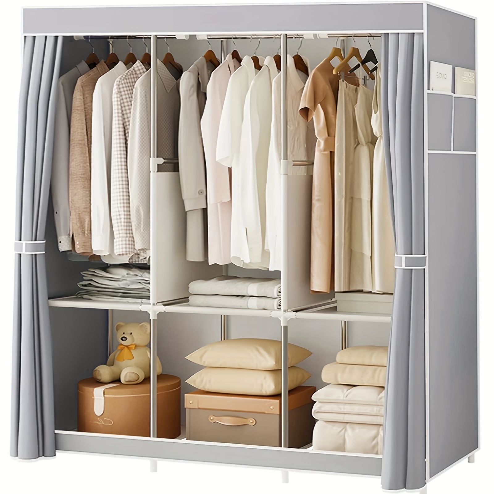 Guarda-roupa com 3 varas de pendurar, 6 prateleiras e bolsos laterais (para armazenamento e organização de roupas), rack de guarda-roupa com alça, organizador para quarto,  PORTES GRÁTIS