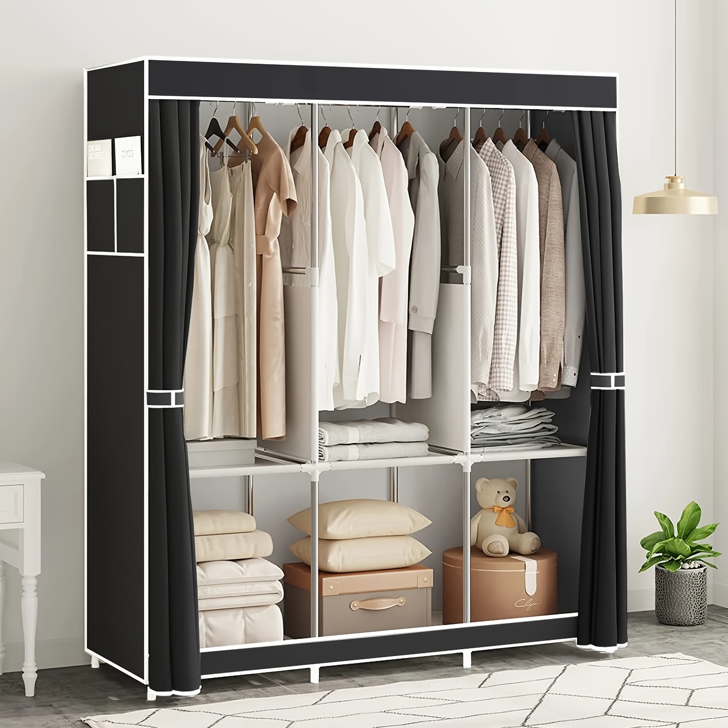 Guarda-roupa com 3 varas de pendurar, 6 prateleiras e bolsos laterais (para armazenamento e organização de roupas), rack de guarda-roupa com alça, organizador para quarto,  PORTES GRÁTIS