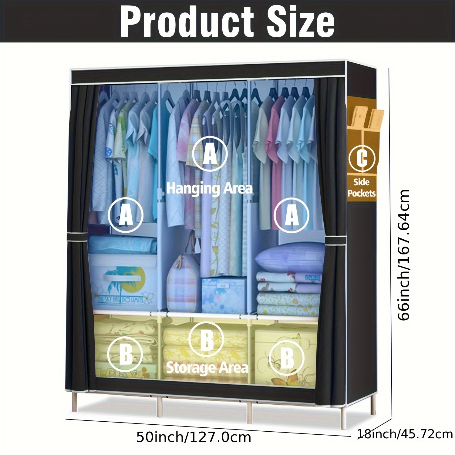 Guarda-roupa com 3 varas de pendurar, 6 prateleiras e bolsos laterais (para armazenamento e organização de roupas), rack de guarda-roupa com alça, organizador para quarto,  PORTES GRÁTIS
