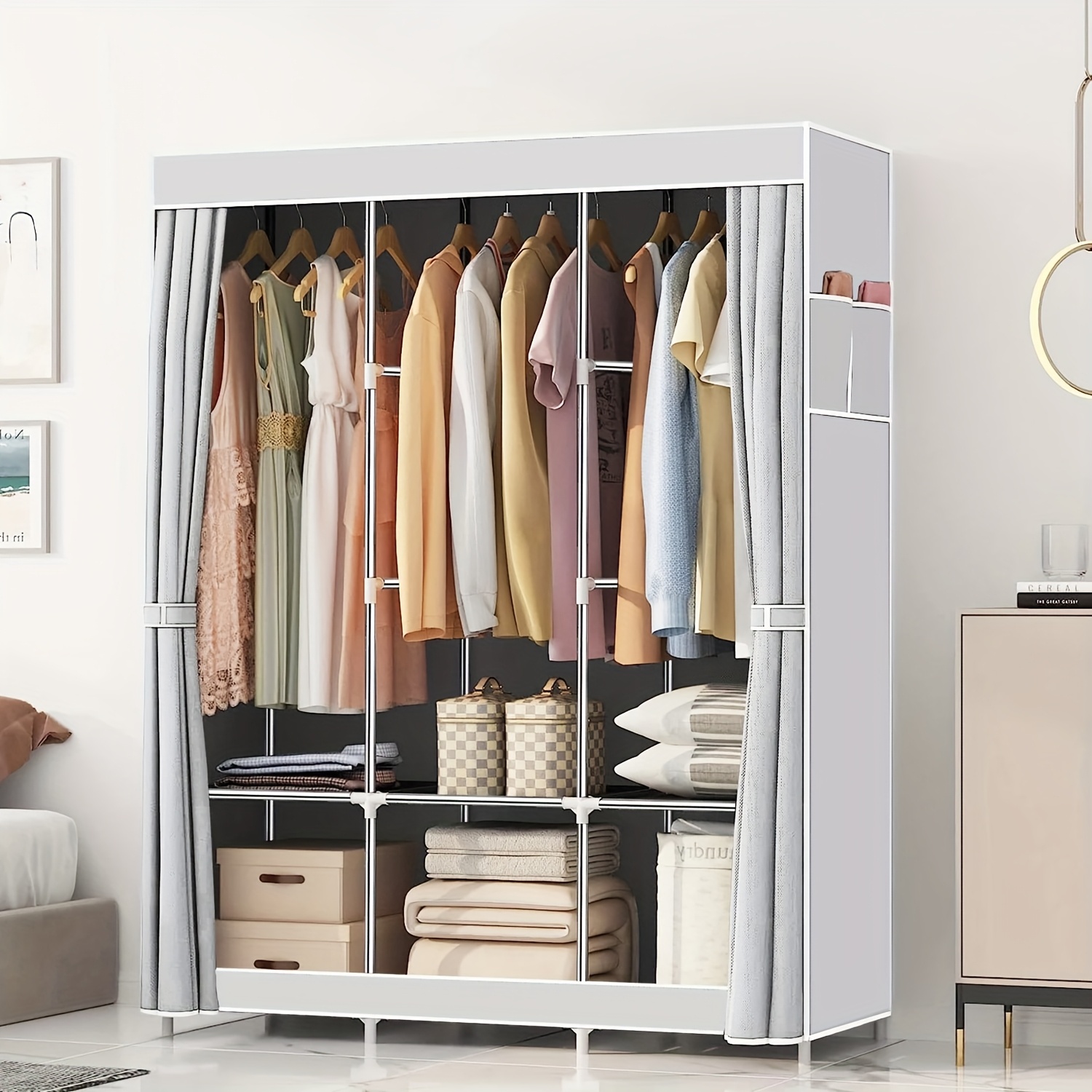 Guarda-roupa com 3 varas de pendurar, 6 prateleiras e bolsos laterais (para armazenamento e organização de roupas), rack de guarda-roupa com alça, organizador para quarto,  PORTES GRÁTIS