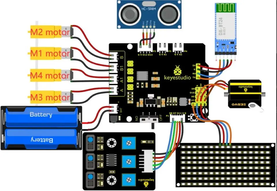 Kit de Robot 4WD com Bluetooth, IR, Display LED 8×16 e Sensores 15