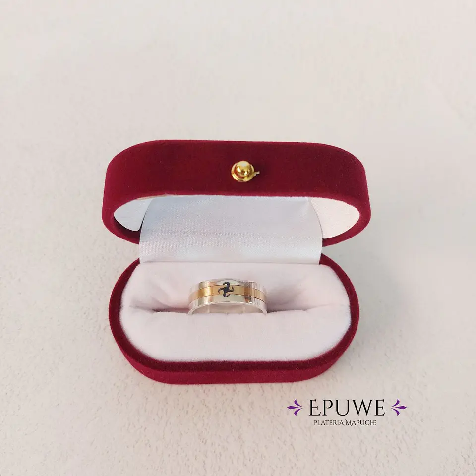 Anillo Mapuche Antu hecho a mano en Plata 950 y Oro 18k 1