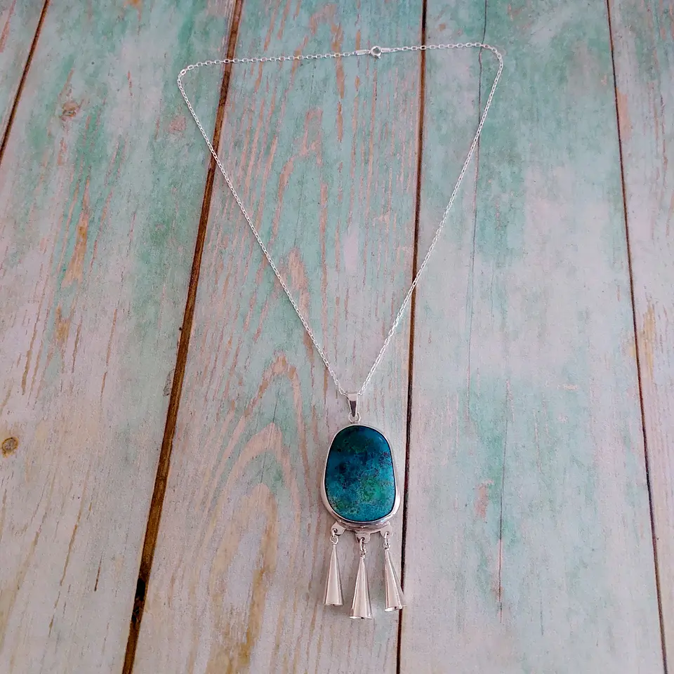 Collar Mapuche de plata 950 y piedra Crisocola  1