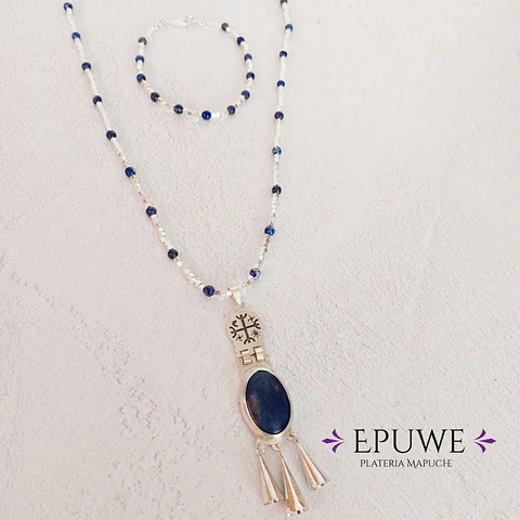 Conjunto Collar y pulsera Kultrún de mostacillas con Lapislázuli hechos a mano en plata 950