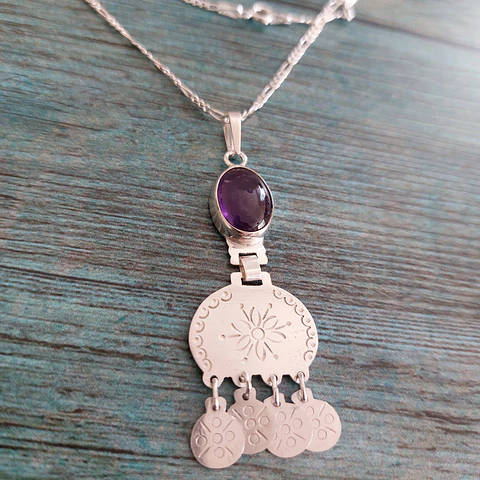 Collar Mapuche de plata 950 con Piedra Amatista