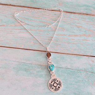 Collar Kultrún con piedra Ojo de tigre y Turquesa