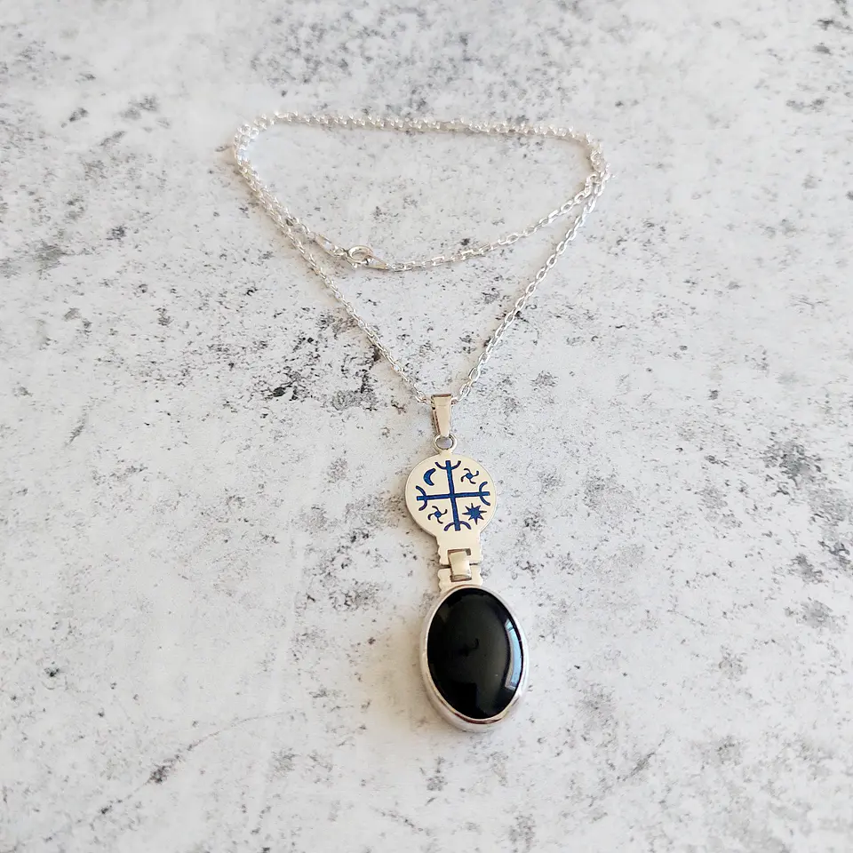 Collar Mapuche Kultrún con Obsidiana 2