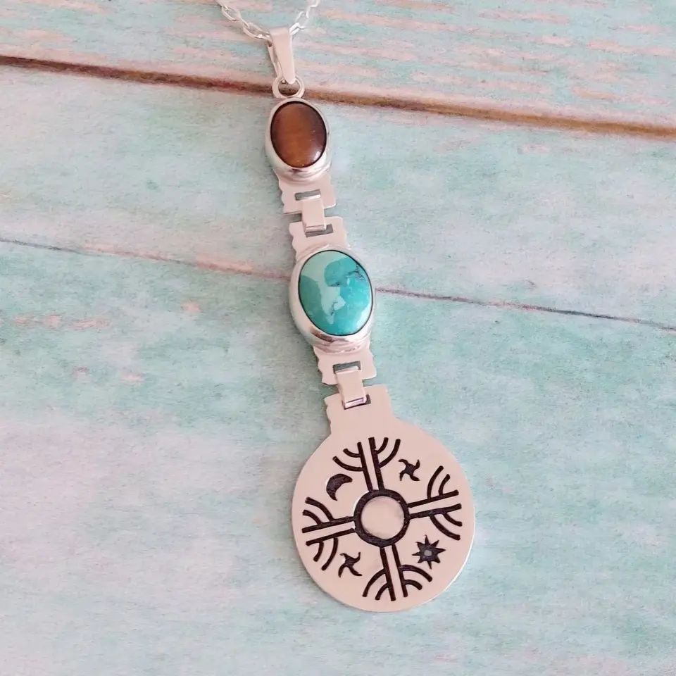 Collar Mapuche Kultrún con Piedra Ojo de tigre y Turquesa 1