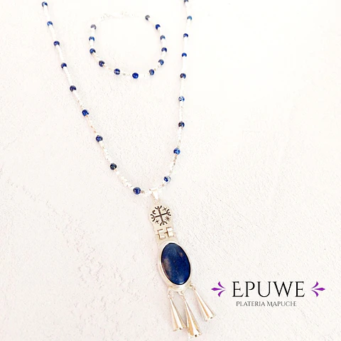 Conjunto Collar Mapuche Kultrún y Pulsera de mostacillas con Lapislázuli