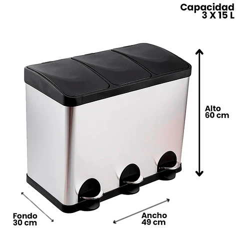 Basurero Triple Acero Inox Soin 15l X 3