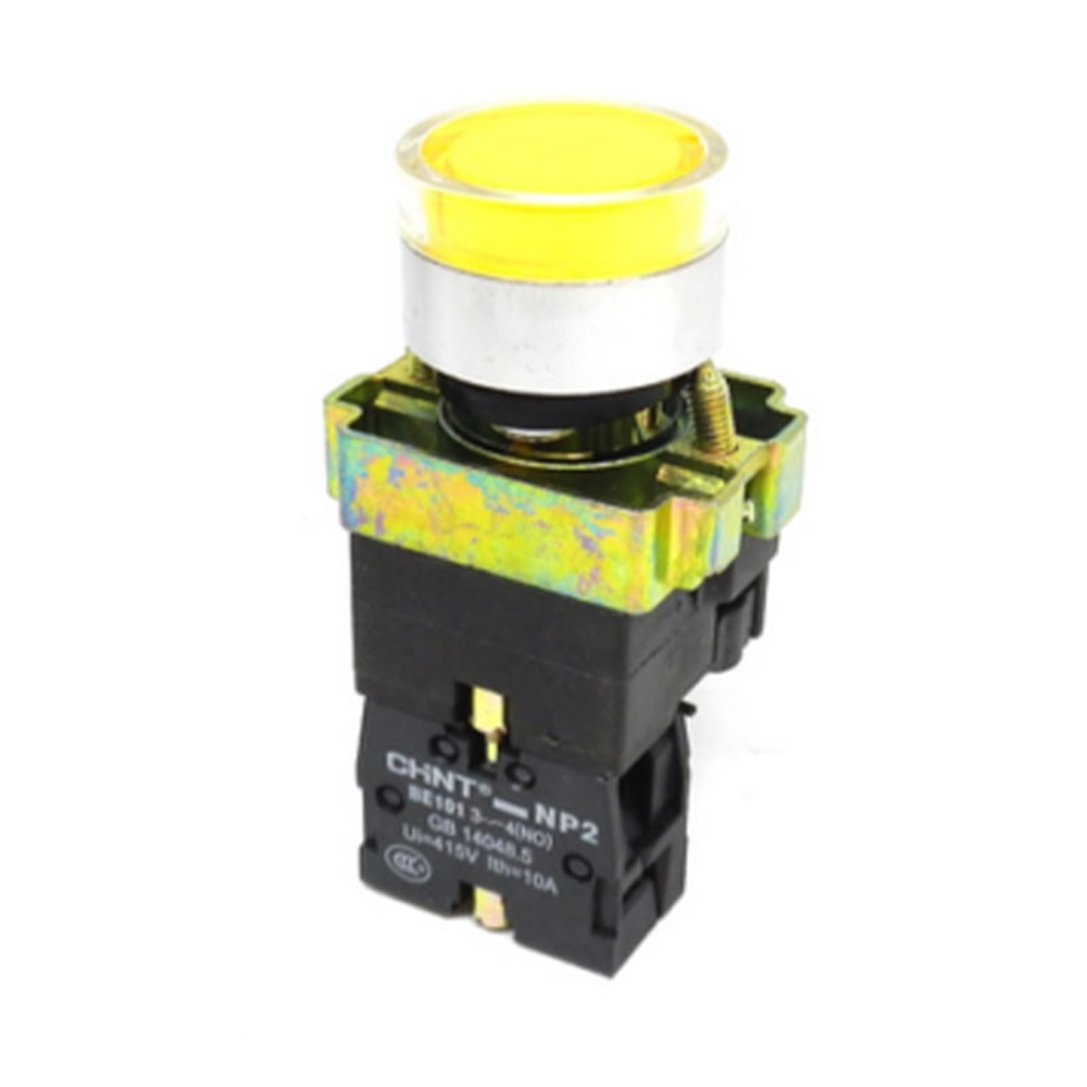 Pulsador luminoso amarillo, metalico led 220Vac,1NA+1NC IP40