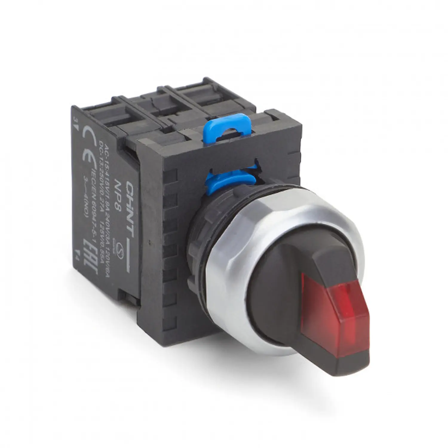 Selector Iluminado 3 pos. 1-0-2, 2NA, 110Vac-230Vac, Rojo