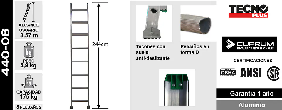 Esc. Aluminio Recta Simple 2.44m 3