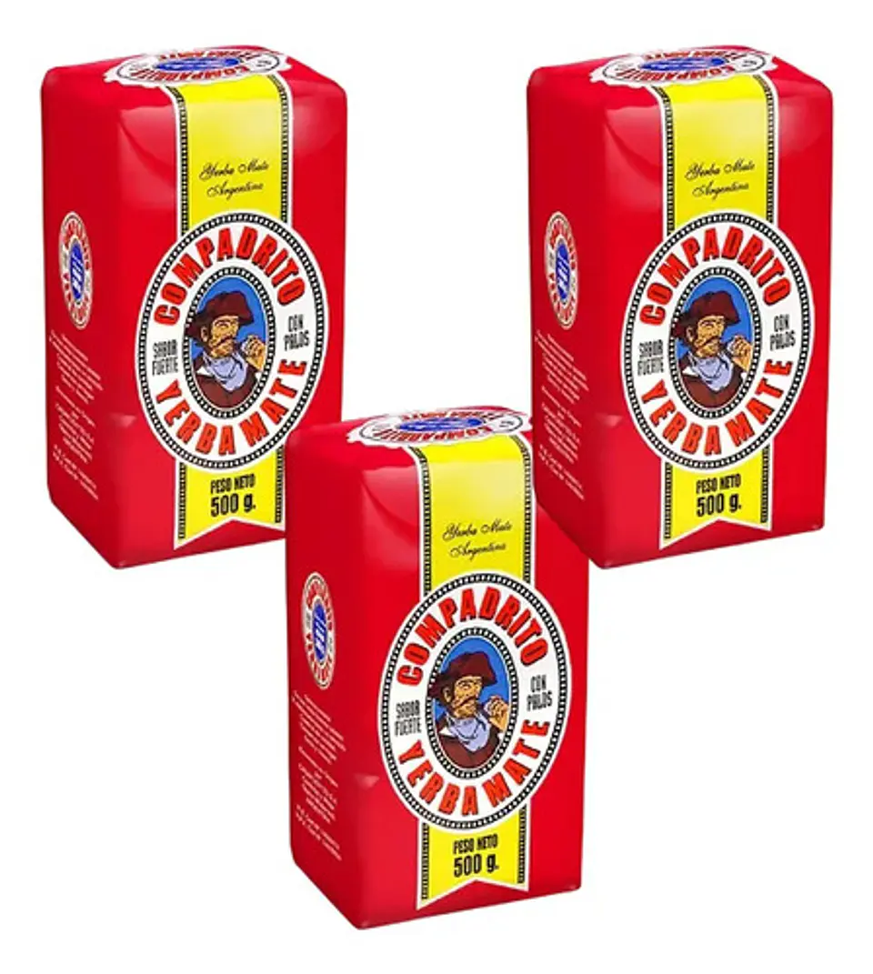 Yerba Mate Compadrito Con Palos Sabor Fuerte Pack 3x500g 1