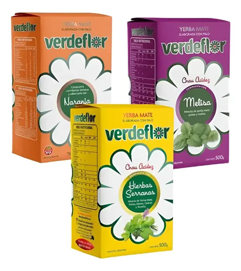 Yerba Mate Verdeflor Pack 3 Naranja, Melisa, H.serrana 500g 1