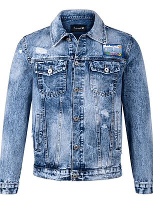 Hermosa Chaqueta Jean Mezclia Denim Fashion Oficial Inspirada En El Palacio La Moneda Santiago De Chile 4 Bolsillos Tela 5 Estrellas Primavera Verano