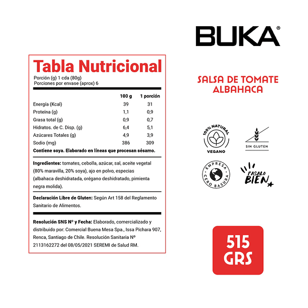 Pasta de Tomate Albahaca 515 grs. Buka 2