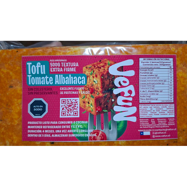 Tofu Extra Firme Tomate Albahaca 500 grs. VEFUN 2