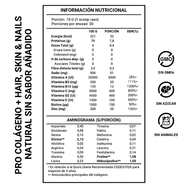 Pro Colágeno + Hair, Skin & Nails Natural Sin Sabor 300 grs FicoNutrition 2