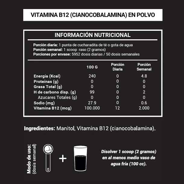 Vitamina B12 en polvo 2000 mcg (50 Porciones Dosis Semanal) – FicoNutrition 2