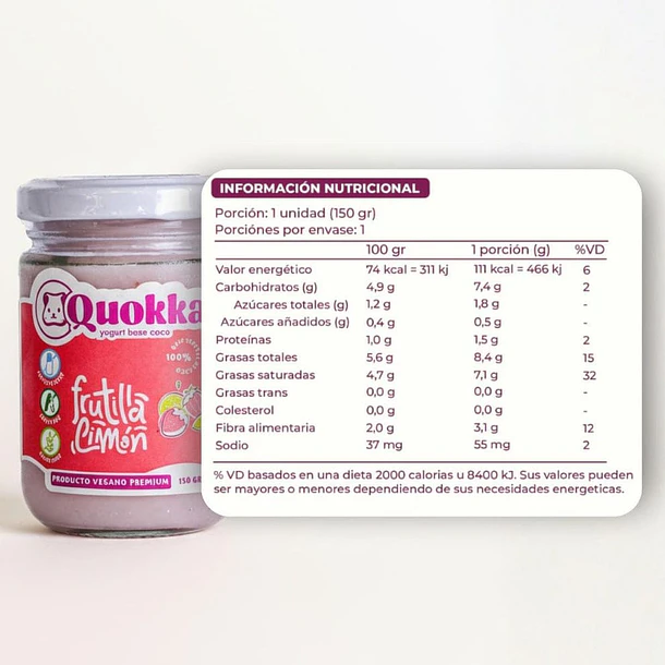 Yogurt vegano de coco sabor Frutilla Limón 150 grs Quokka 2