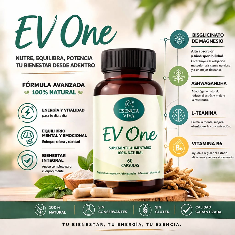 Ev One 500mg 60 Cápsulas Ashwagandha + L-Teanina + B6 + Bisciglinato 3