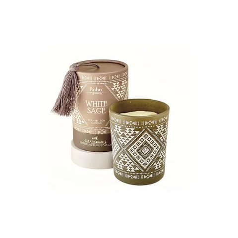 Vela Boho Salvia Blanca con Piedra Cuarzo Cristal 200g