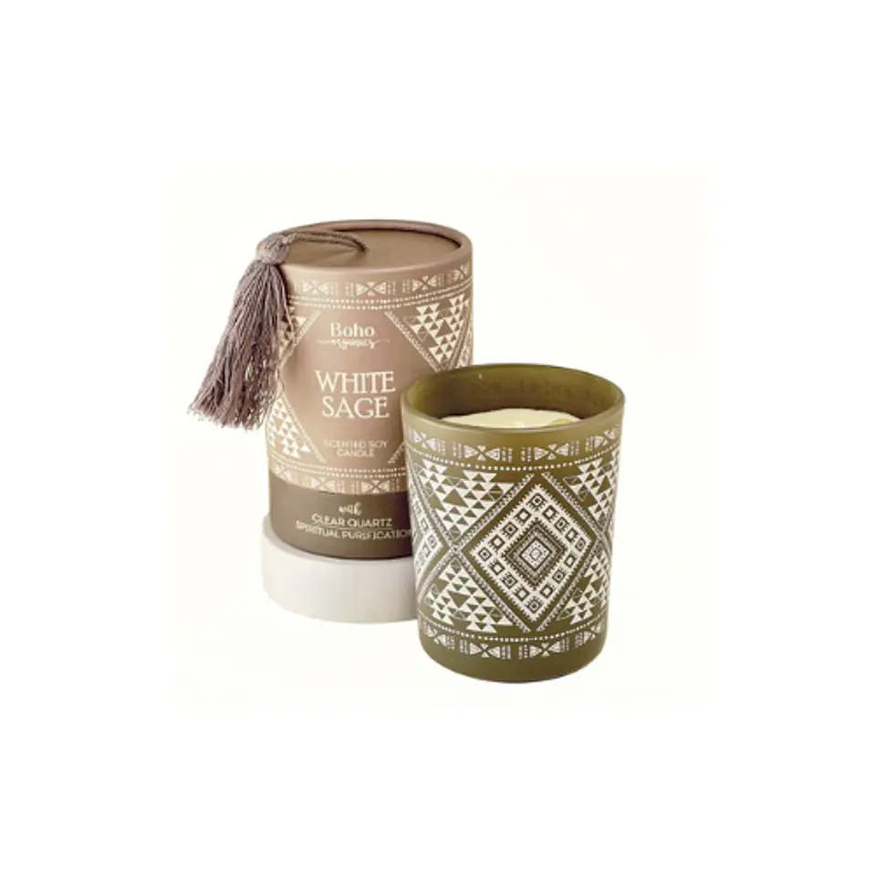 Vela Boho Salvia Blanca con Piedra Cuarzo Cristal 200g 1