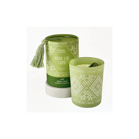 Vela Boho Árbol de la Vida con Piedra Jade 200g