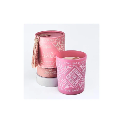 Vela Boho 7 Chakras con Piedra Cuarzo Rosa 200g